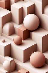 Geometric Harmony: A captivating display of spheres and cubes interplaying, creating a unique architectural abstract composition with intriguing shadows and a calming, modern aesthetic.