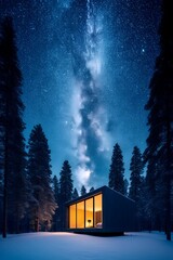 Celestial Cabin Serenity: A cozy cabin nestled amidst a tranquil forest under a majestic starry sky, offering a sense of peaceful isolation and awe-inspiring natural beauty.