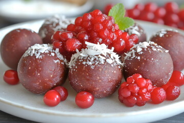 Fototapeta premium Delightful healthy homemade dessert showcases vibrant red berries and rich chocolate truffles made from healthy ingridients on a bright plate