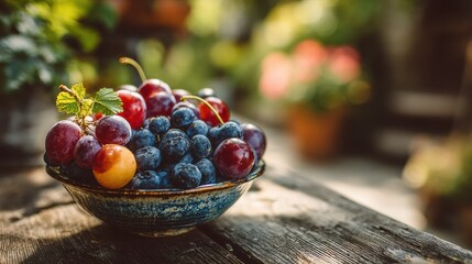 Close-up bowl of fresh mixed fruits on rustic wooden table in garden, copyspace on right 