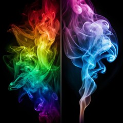 Obraz premium Vibrant, colorful smoke swirls against a dark background, divided into two halves