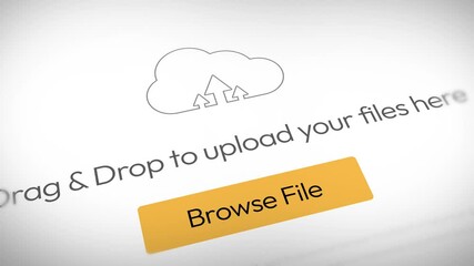 Drag and drop file uploading concept 4k animation with browse file button in yellow color, system, saas, website, uploading, data.