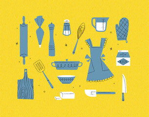 Kitchen utensils rolling pin, pastry bag, pepper grinder, whisk, measurable cup, oven mitts, spatula, pan, bowl, butter, knife drawing in vintage style on yellow background