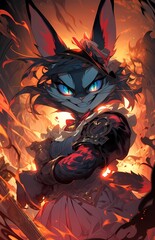 Mystical fox human hybrid warrior with weapon in chaotic flames and smoke, fantasy anime character
