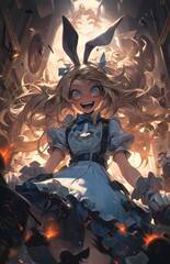 Blonde haired girl animal ears glowing eyes chaotic scene destruction