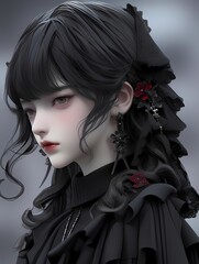 Anime young girl portrait, dark hair, red lips, flower in hair, blurred grey cloudy sky.