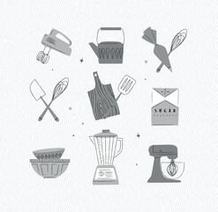 Kitchen appliances mixer, teapot, pastry bag and whisk, sugar pack, bowl, blender illustrations drawing in vintage style on grey background