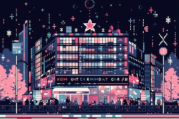 A vibrant night city street scene, featuring a modern building with a star-topped roof, surrounded by colorful lights and bustling streets filled with people enjoying the festive atmosphere.