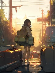A young woman walks away from the camera, carrying a large green suitcase, as the setting sun casts a warm glow over the city street scene.