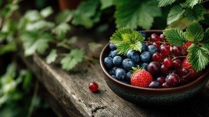 Bright summer fruits in bowl on wooden table surrounded by garden plants, copyspace top