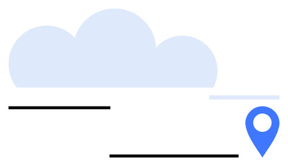 Blue cloud and blue location pin over horizontal lines. Ideal for navigation, GPS, technology, cloud computing, geolocation, digital services, simple landing page