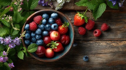 Bright summer fruits in bowl on wooden table surrounded by garden plants, copyspace top