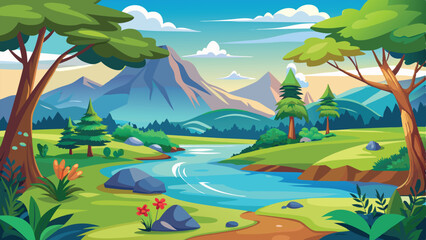 Obraz premium Cartoon River Landscape with Mountains, Trees, and Flowers in a Sunny Day