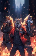 Three anthropomorphic wolves cityscape anime illustration