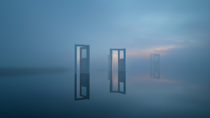 Floating doors drifting slowly in misty clouds at dawn, some half-open, mystery and decision theme, quiet cinematic mood