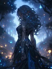 Dark elf sorceress in mystical forest, magical particles, concentration, fantasy