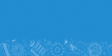 Mechanical engineering drawings on blue background. Cutting tools, milling cutter. Technical Design. Cover. Blueprint. Horizontal seamless pattern. Vector illustration.
