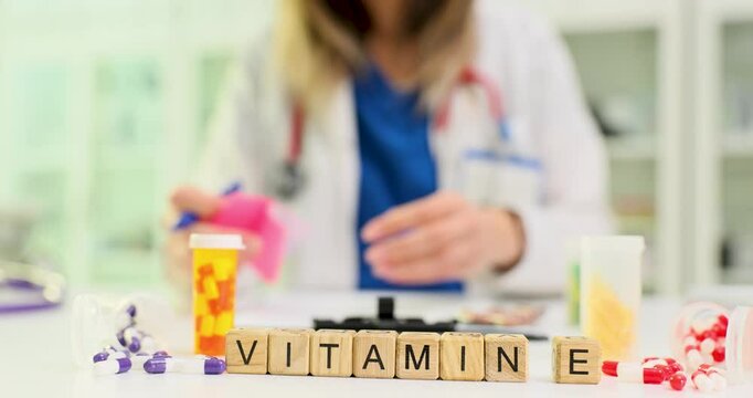 Phrase Vitamin E on wooden cubes among color capsules against doctor. Female therapist works emphasizing health and wellness in hospital slow motion