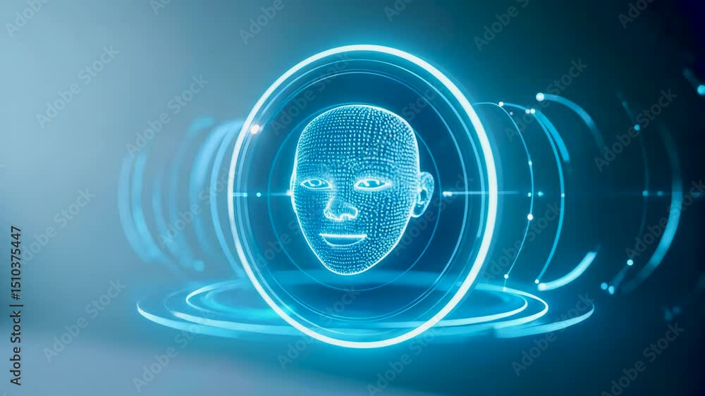 Poster futuristic ai voice assistant hologram featuring a glowing digital face, floating in a high-tech int