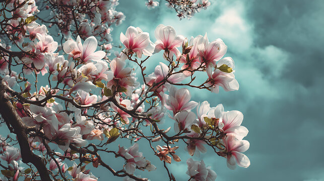 a tree with pink flowers against a cloudy sky - Powered by Adobe