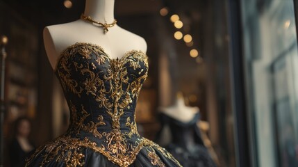 Obraz premium Elegant black and gold embroidered corset dress on mannequin in fashion boutique display