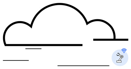 Abstract cloud outline with robotic arm and wireless icon. Connected devices, IoT, industry innovation, efficiency, data sharing, remote automation control, and cloud-based technology. Flat simple