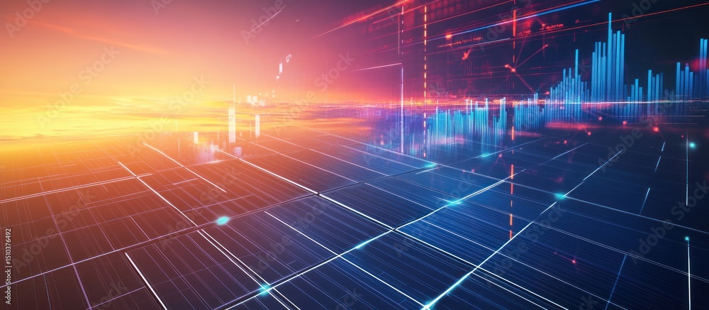 Poster futuristic financial data visualization with digital grid and bar graph