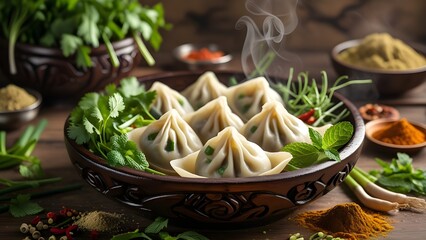 Traditional Tibetan momos served in a handcrafted wooden bowl surrounded by herbs and spices