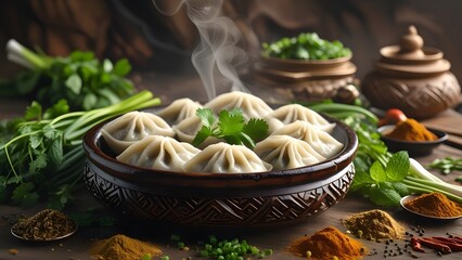 Traditional Tibetan momos served in a handcrafted wooden bowl surrounded by herbs and spices