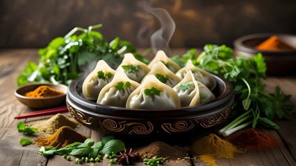 Traditional Tibetan momos served in a handcrafted wooden bowl surrounded by herbs and spices