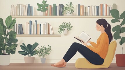 Woman reading book in cozy room with plants and books on shelves illustration for relaxation 100
