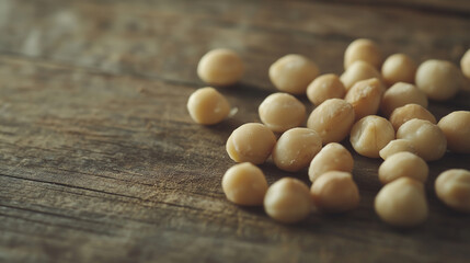Close-up of premium, raw macadamia nuts scattered on a rustic wooden surface, with soft natural lighting highlighting their smooth