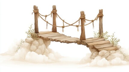 A small, rustic wooden bridge with rope handrails sits in a cloudy landscape.
