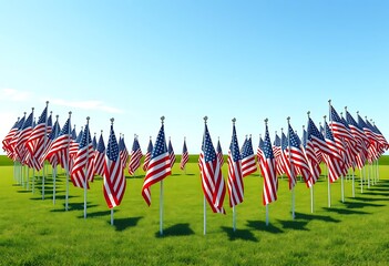American Flags Displayed in a Circle on Green Grass Field Under a Clear Blue Sky: Patriotic Memorial Day or 4th of July ,flag day Celebration Scene