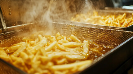 Commercial deep fryer basket filled with crispy golden french fries, sizzling in hot oil - high-quality, stock-worthy image for food industry use