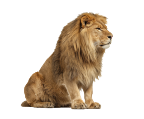 Majestic lion sitting gracefully in a strong posture on a transparent background, cut out