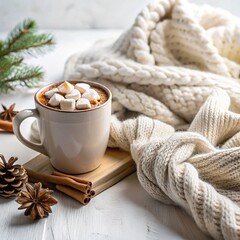 Cozy winter drink with a warm knitted blanket