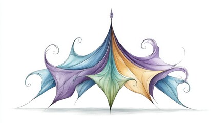 A whical watercolor tent structure exhibits fantasy colors on white background.