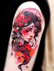 Vibrant anime portrait, serene woman with flower in hair, pink orange background