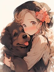 Anime illustration, blonde girl with flower hat, holding brown dog