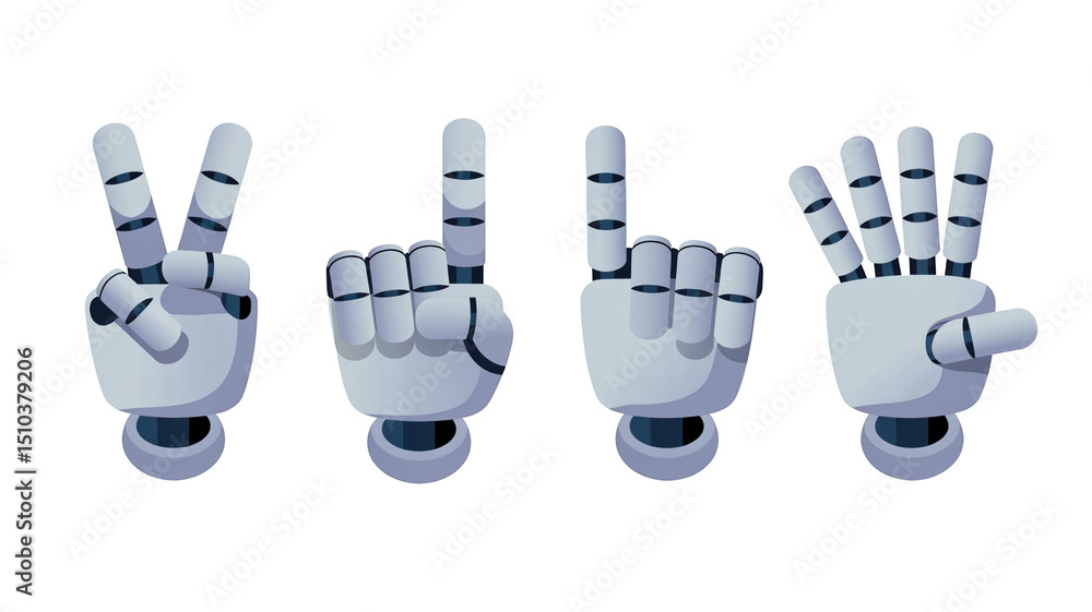 Poster four robotic hands are gesturing numbers one, two, three and four on a transparent background, showc