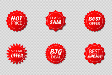 Set of red stickers and banners for discounts, sales and offers.