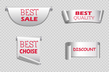 Set of banners for sale made of paper. On a transparent background.