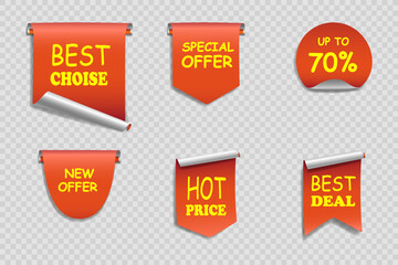 Set of banners for sale made of paper. On a transparent background.