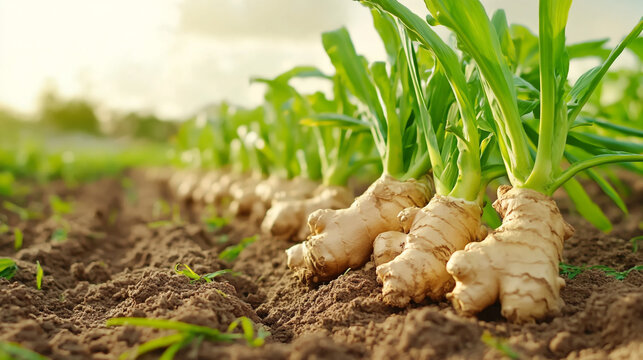 Fresh ginger root growing in a lush agricultural field, rich soil, green leaves, natural lighting, high detail