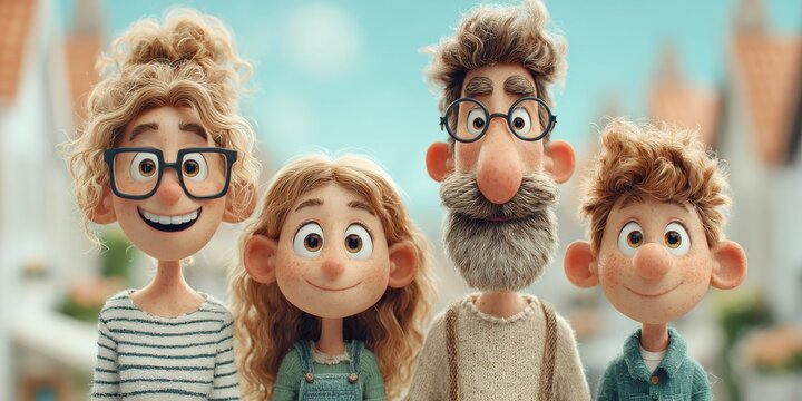 A family of four cartoon characters are smiling and posing for a picture