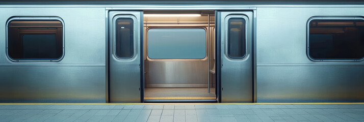 Modern subway train doors open to welcome passengers at urban transit station