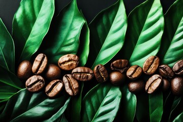 Graphic layouts for aromatic coffee advertising using lush green leaves and roasted beans