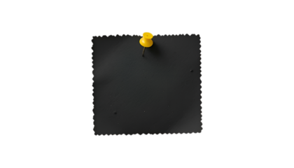 Black sticky post it note with yellow pushpin isolated on transparent background
