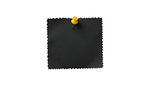 Black sticky post it note with yellow pushpin isolated on transparent background
